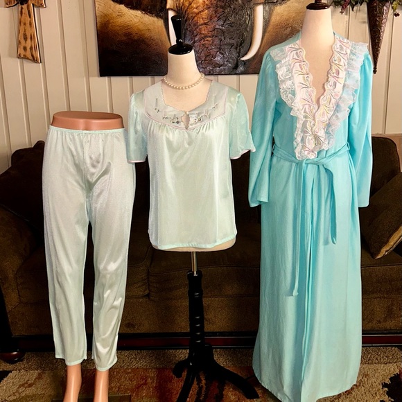 Lady Ronte~Vintage Turquoise Size Medium 3 Piece Set W/ Robe & Pajamas - Picture 4 of 16